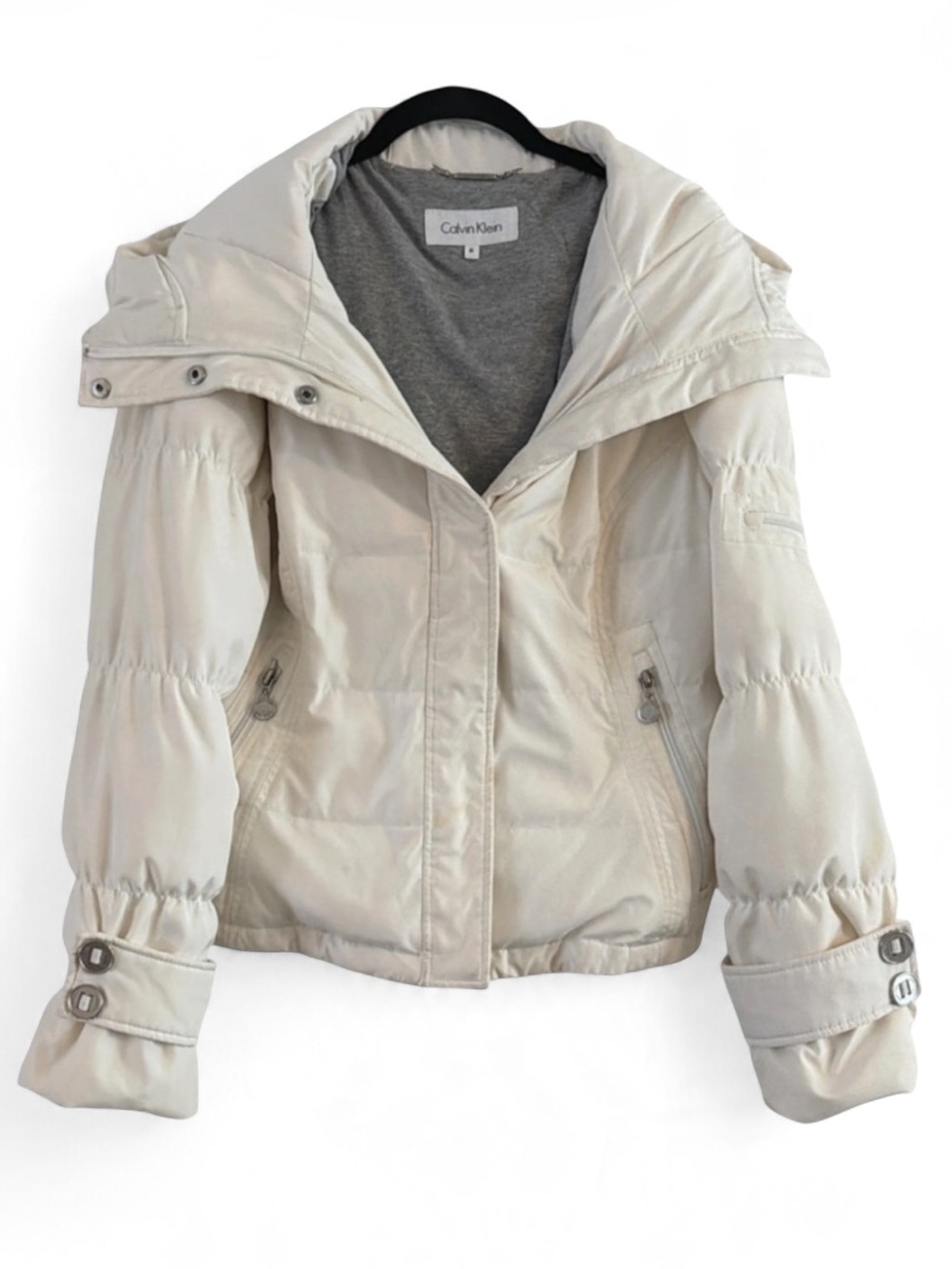 Calvin Klein Premium Cream White Down Filled Short Hooded Puffer Jacket Size M